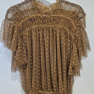 Free People Brown Ruffled Polka Dot Blouse